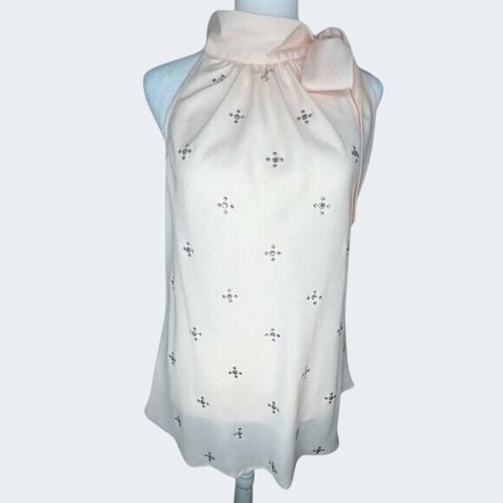 New York & Company Peach Sleeveless Embellished Bow Tie Blouse Medium
